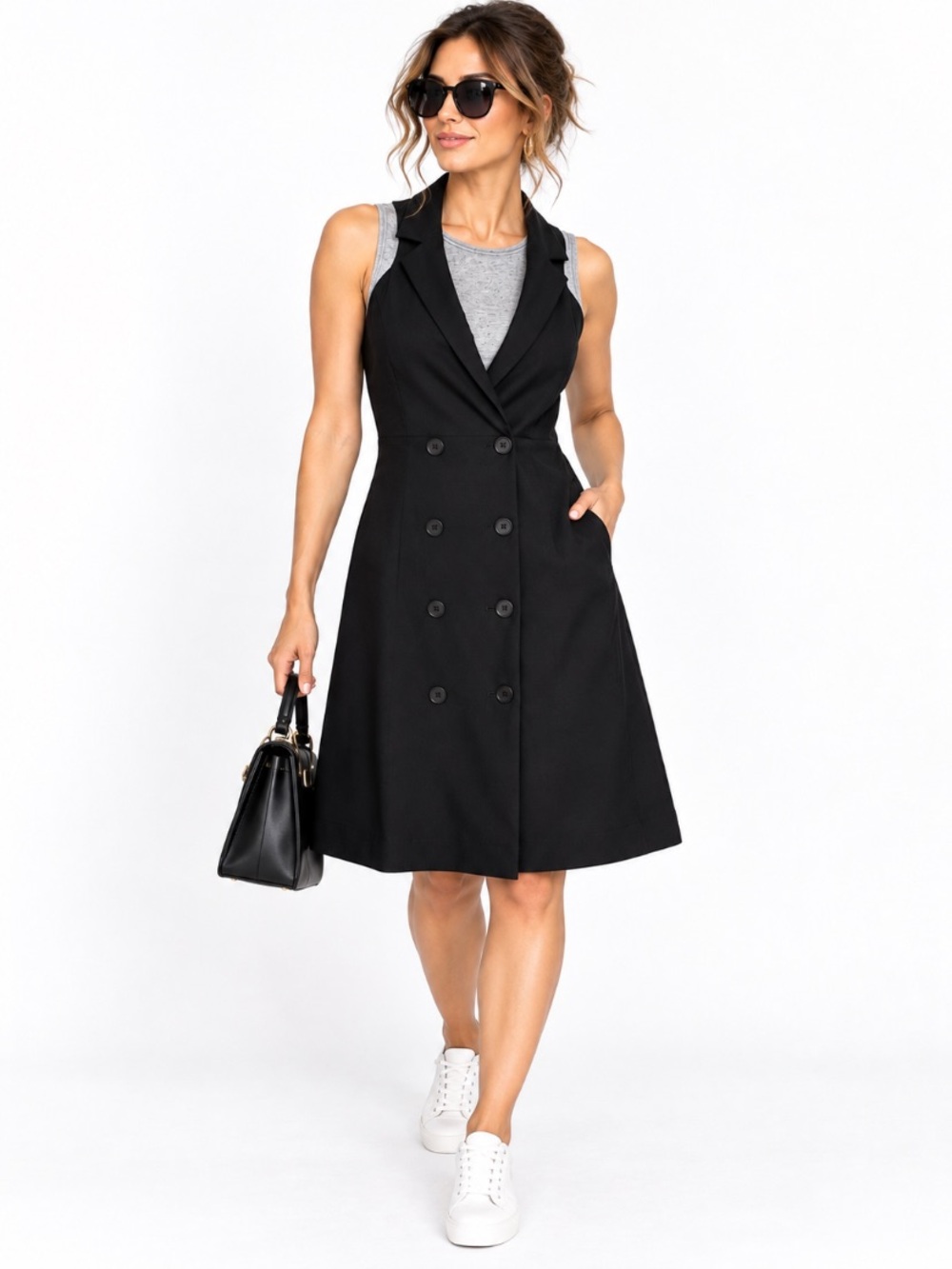 Maeve Anthropologie Black Gray Office Siren Double Buttoned Blazer Dress Size 4